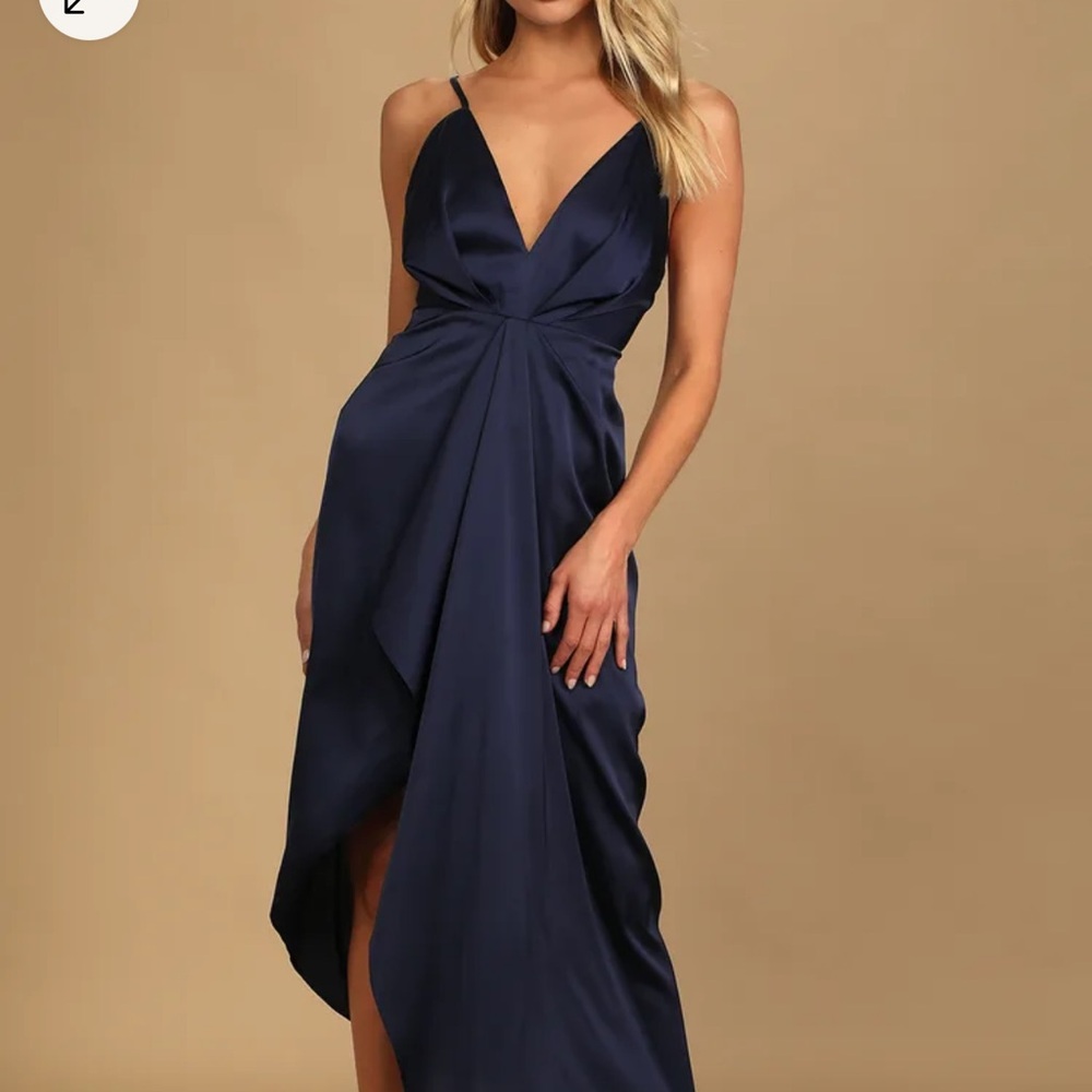 Navy Blue Satin Ruffled Midi Dress